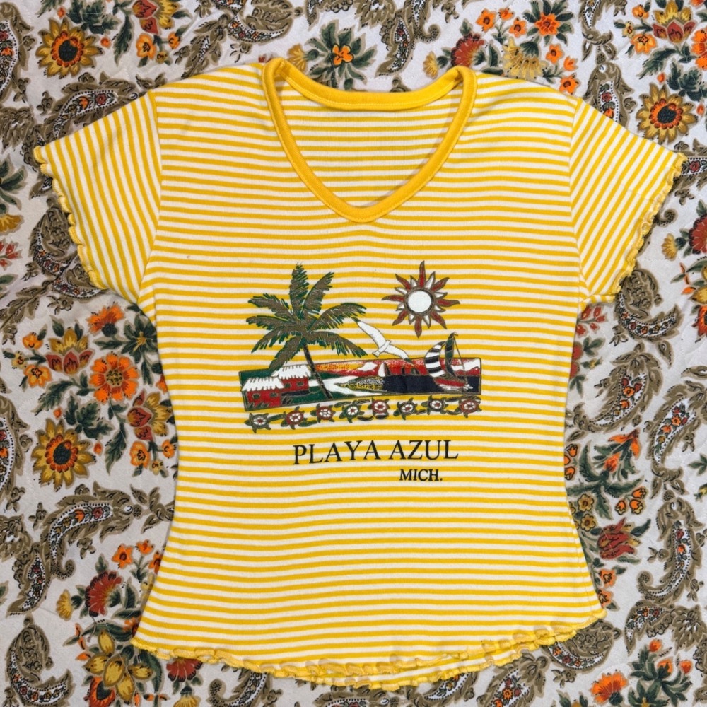 VTG Y2K‎ Playa Azul Michoacán Yellow White Striped Graphic Tee Lettuce Edge - XS